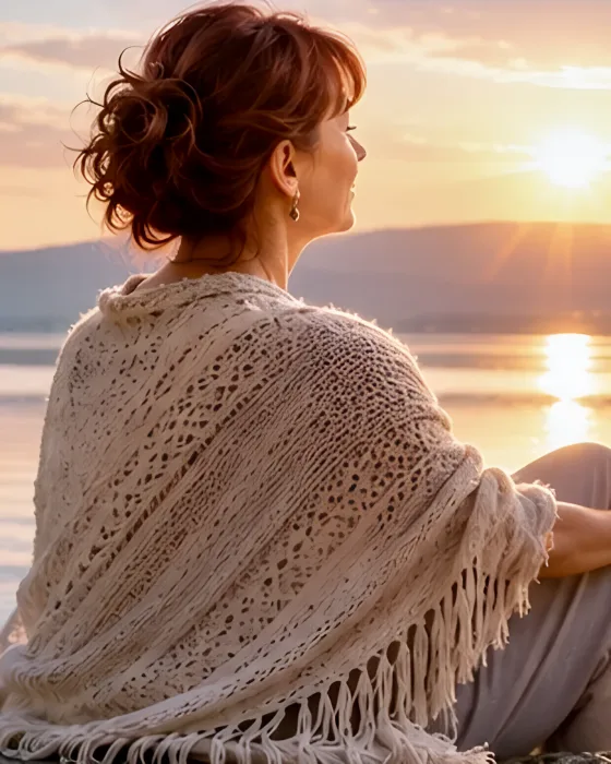 Femme enveloppée dans un châle, assise au bord d'un lac au coucher du soleil