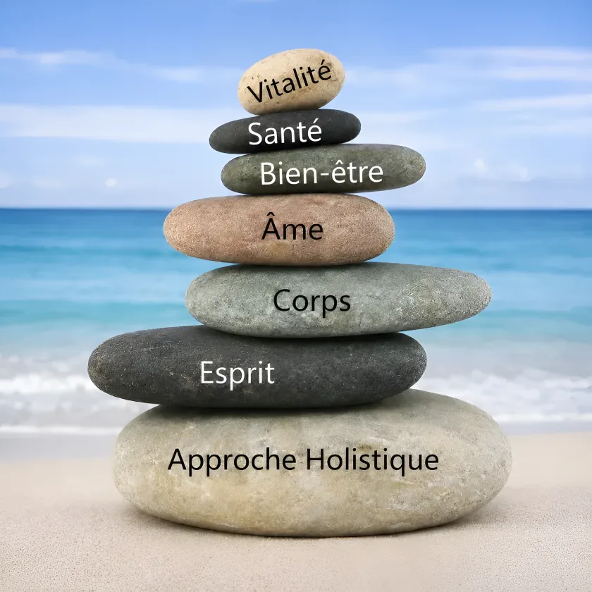 Empilement de galets en équilibre sur une plage, portant les mots Approche Holistique, Esprit, Corps, Âme, Bien-être, Santé et Vitalité