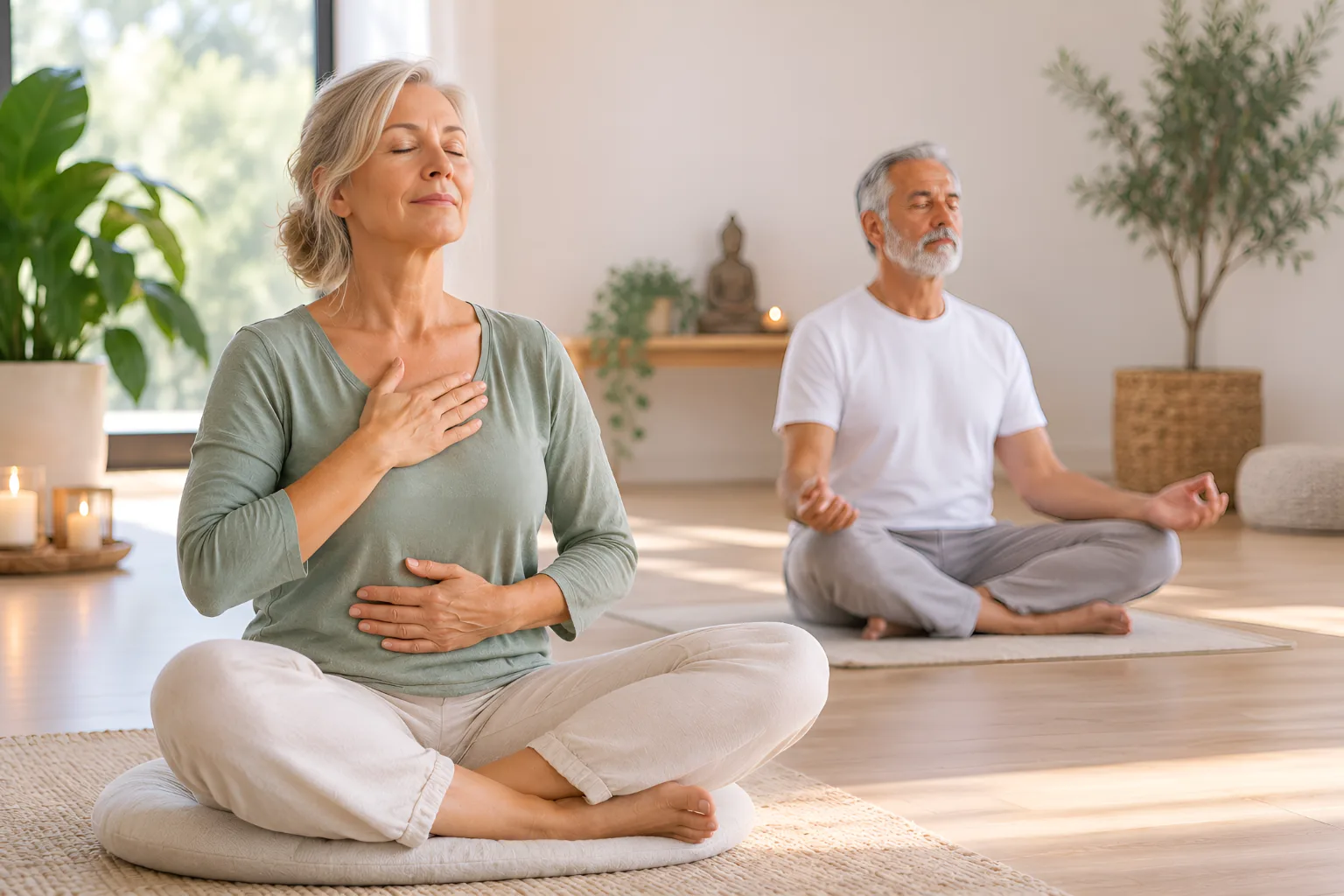 Une femme assise en tailleur respire consciemment, une main sur le cœur et l'autre sur le ventre. Un homme médite derrière elle.