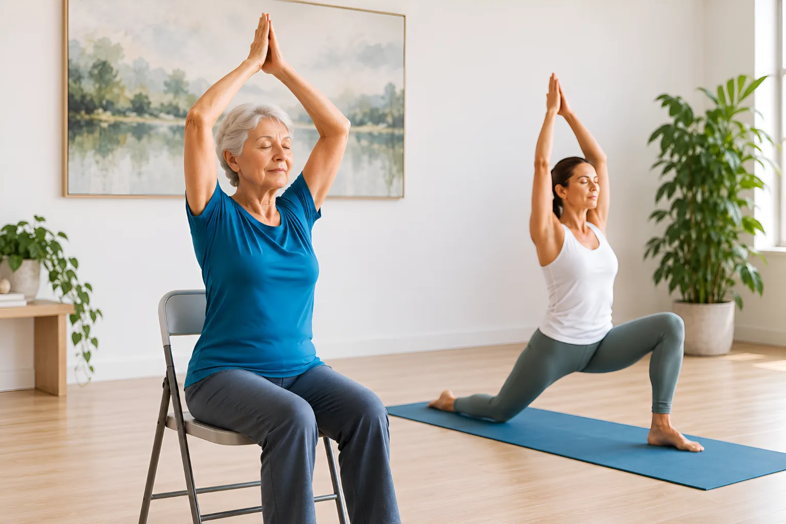 Une femme âgée pratique le yoga sur chaise, les bras levés, pendant qu'une autre femme tient une fente sur un tapis