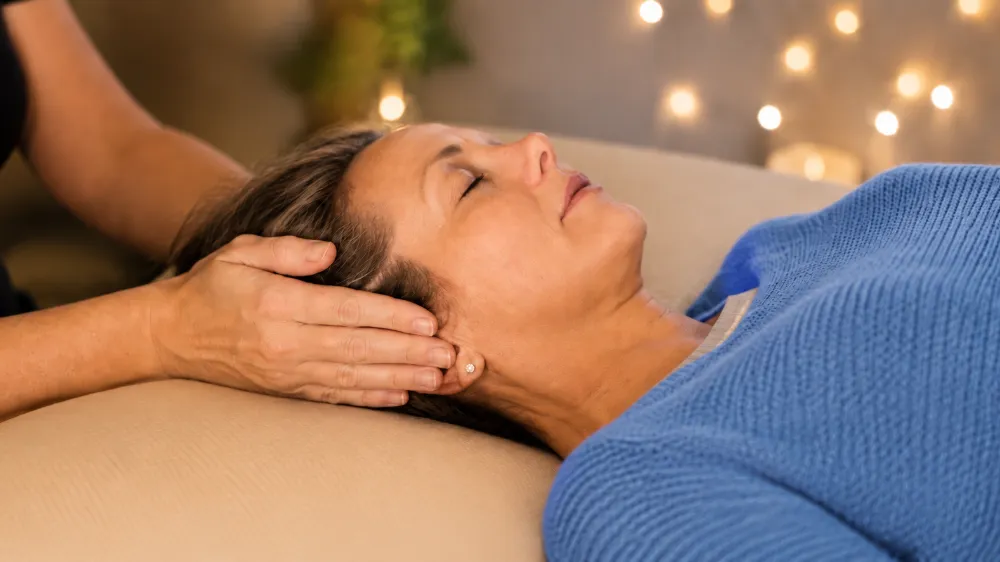 Des mains posées doucement de chaque côté de la tête d'une femme allongée, les yeux fermés, pendant un soin Reiki
